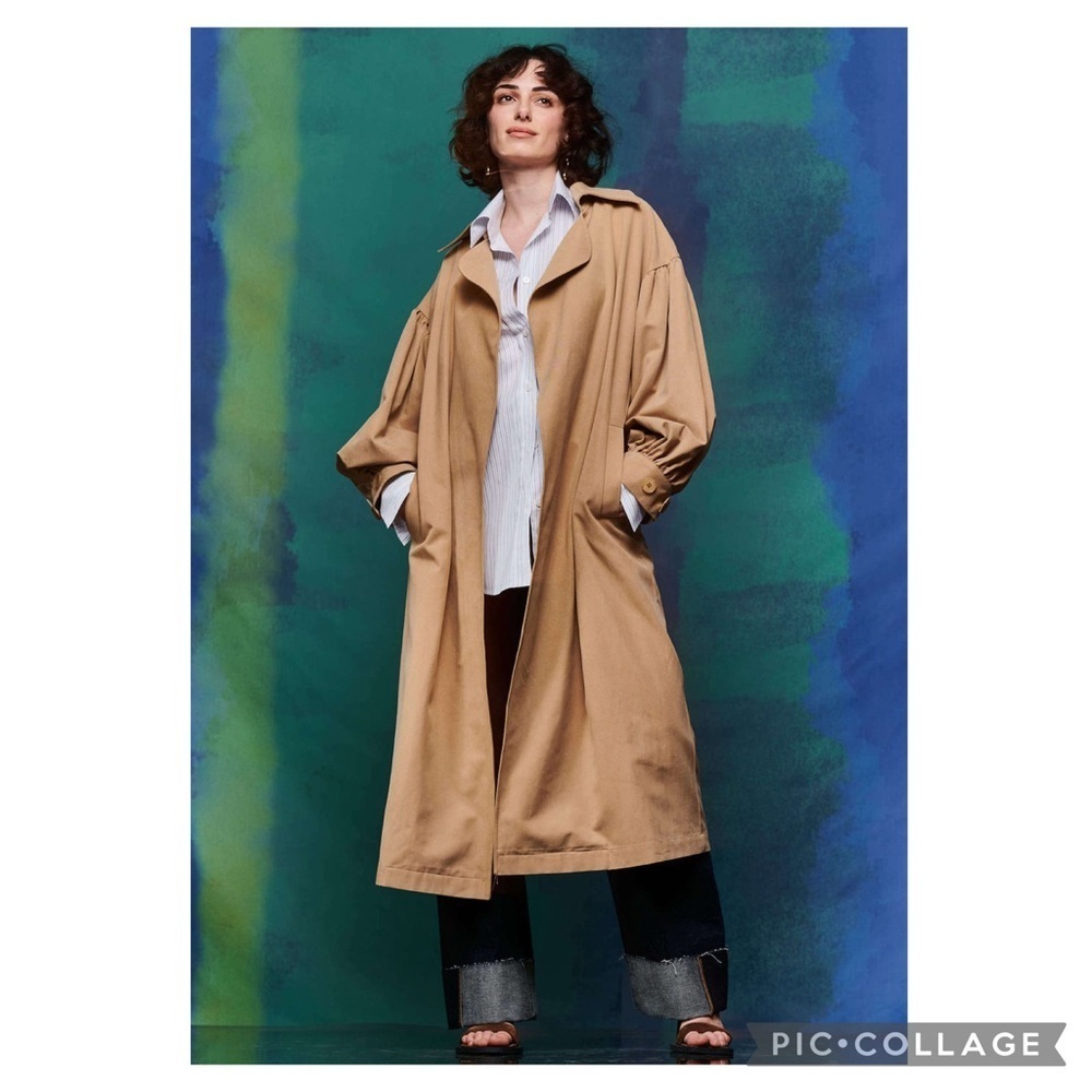 The Hidden Bee Puff Sleeve Cotton Tan Maxi Open Trench Coat Size M